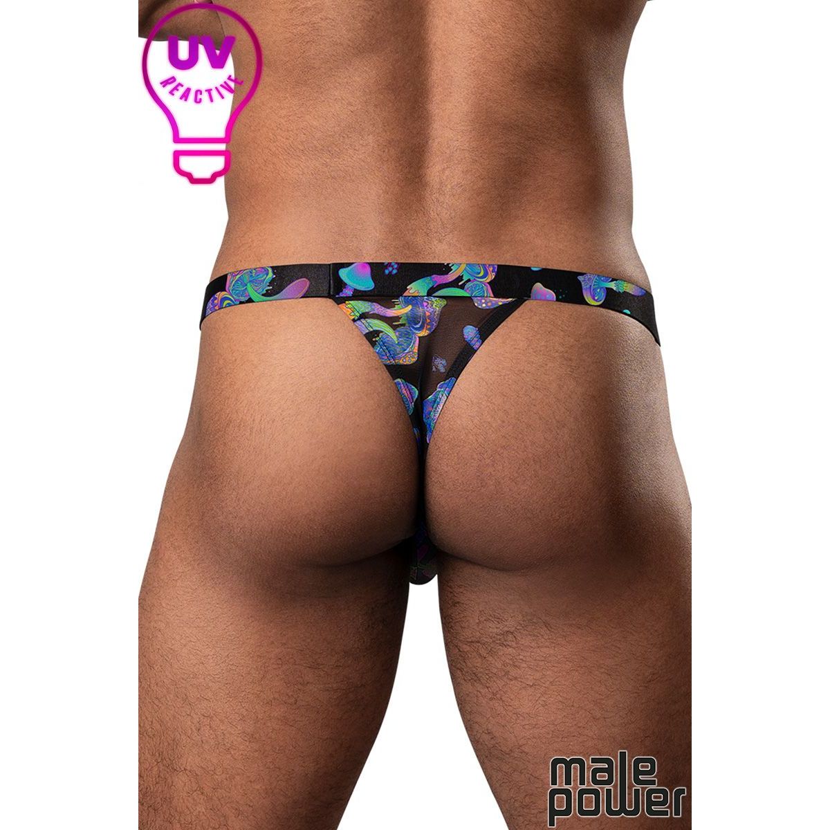 black thong with mushrooms back view uv reactive