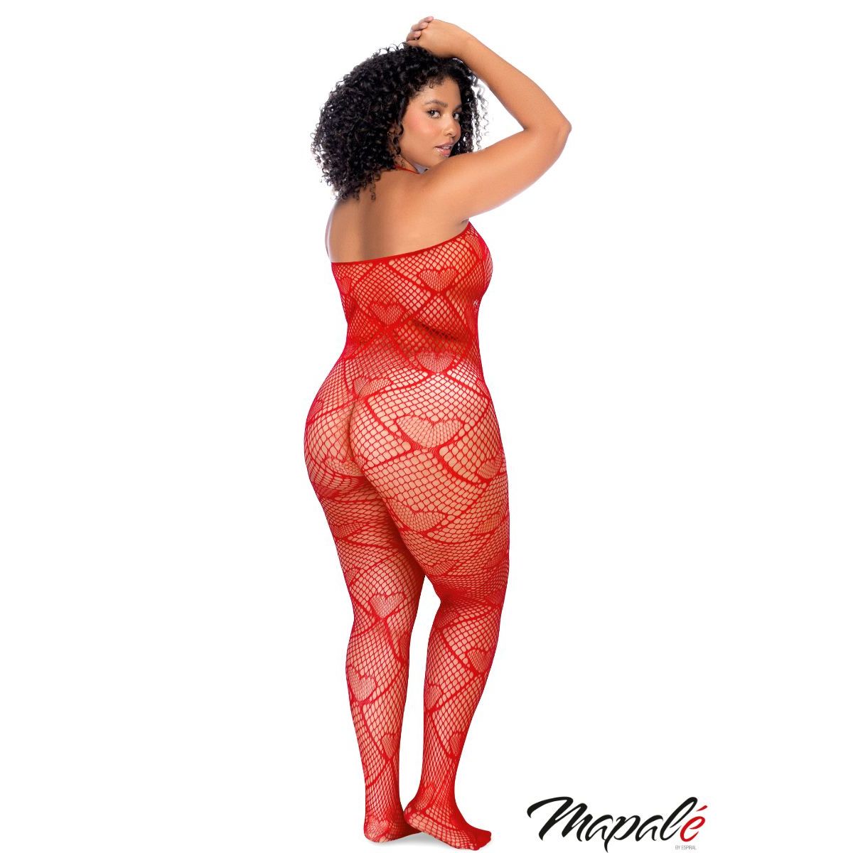 Woman wearing a red fishnet bodystocking with 'Mapale' branding on a white background