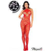 Red fishnet bodystocking with heart design on a white background, featuring Mapale branding.