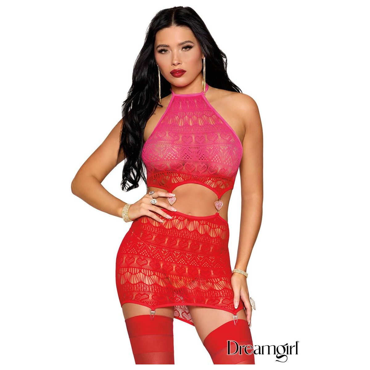 female wearing tretchy heart lace garter slip with a high halter tie-neck collar, mini attached garters and a fully open front attached together by rhinestone heart charms. front view
