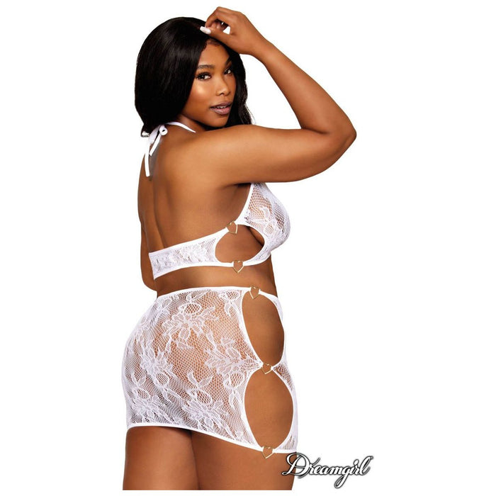 mesh pattern crop top with mesh pattern skirt with hearts and holes on side