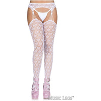 Sheer lace stockings with pink high heels on a white background