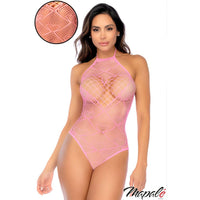 Woman wearing a pink fishnet bodysuit with close-up of mesh detail, branded 'Mapale'.