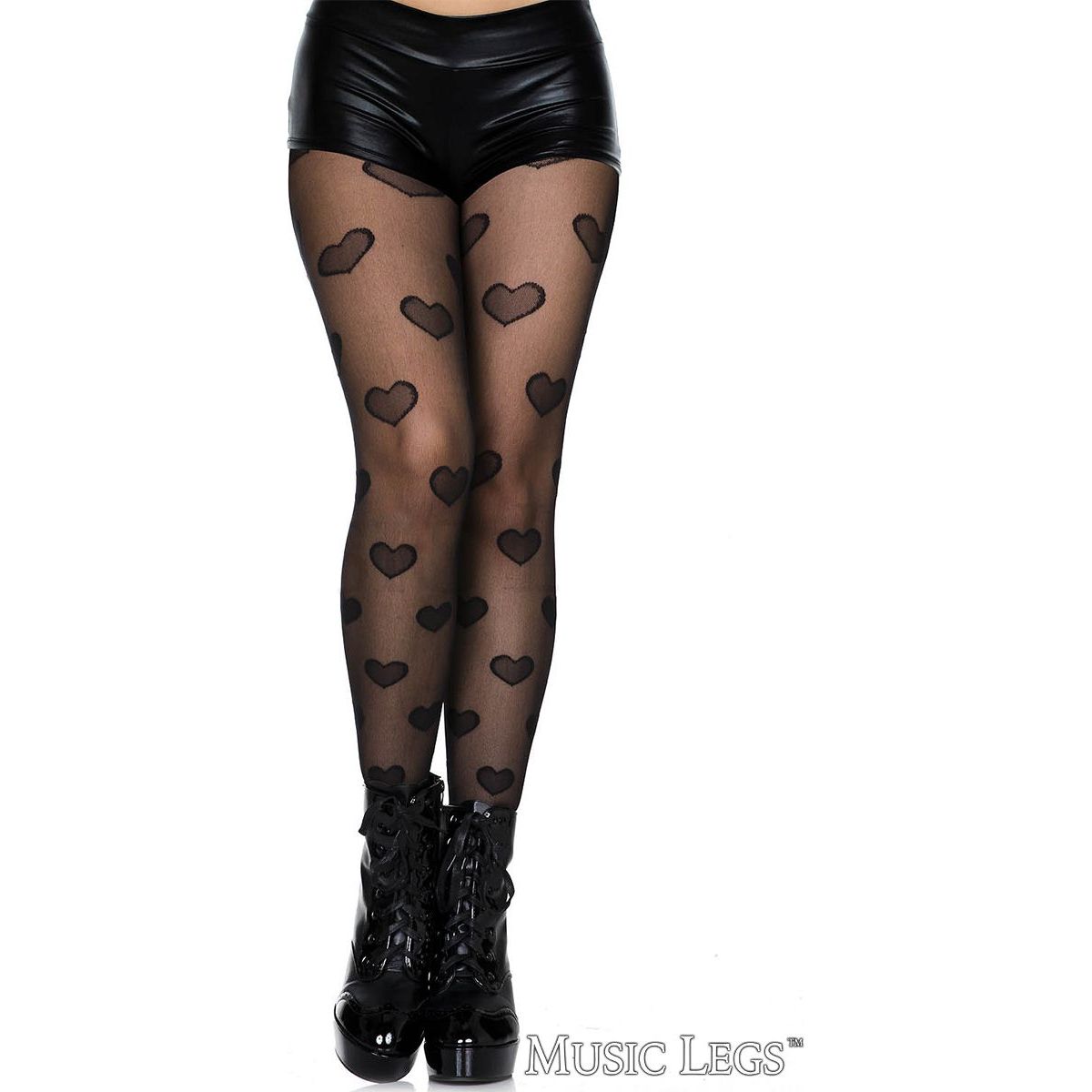 Black heart-patterned tights worn with black high-waisted shorts and platform boots on a white background.