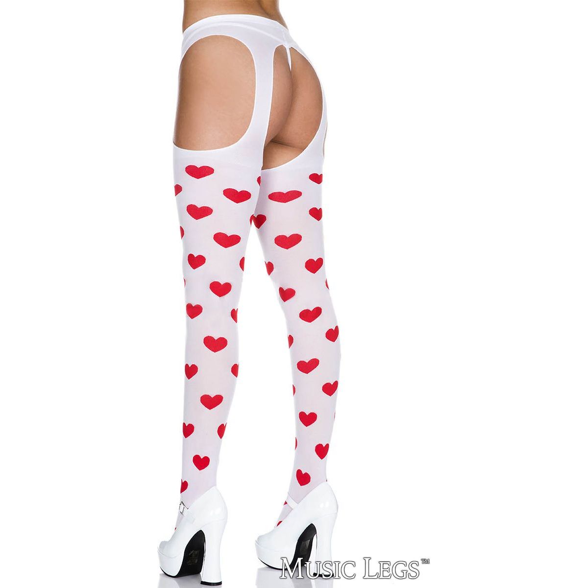 White thigh-high stockings with red heart pattern worn by a person on a white background