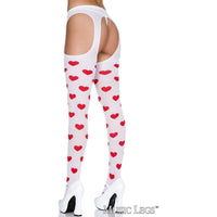 White thigh-high stockings with red heart pattern worn by a person on a white background