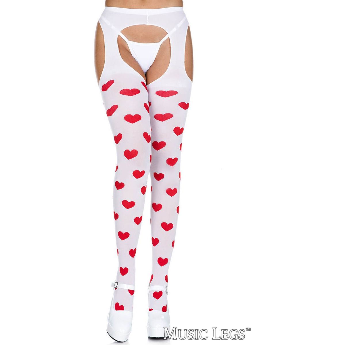 White tights with red heart patterns on a white background