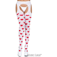 White tights with red heart patterns on a white background