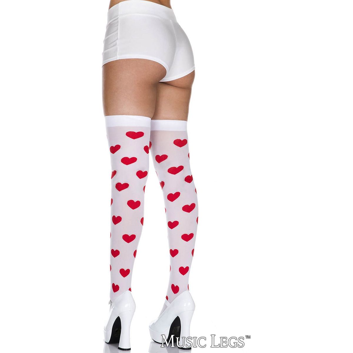 White thigh-high socks with red heart pattern worn by a person on a white background