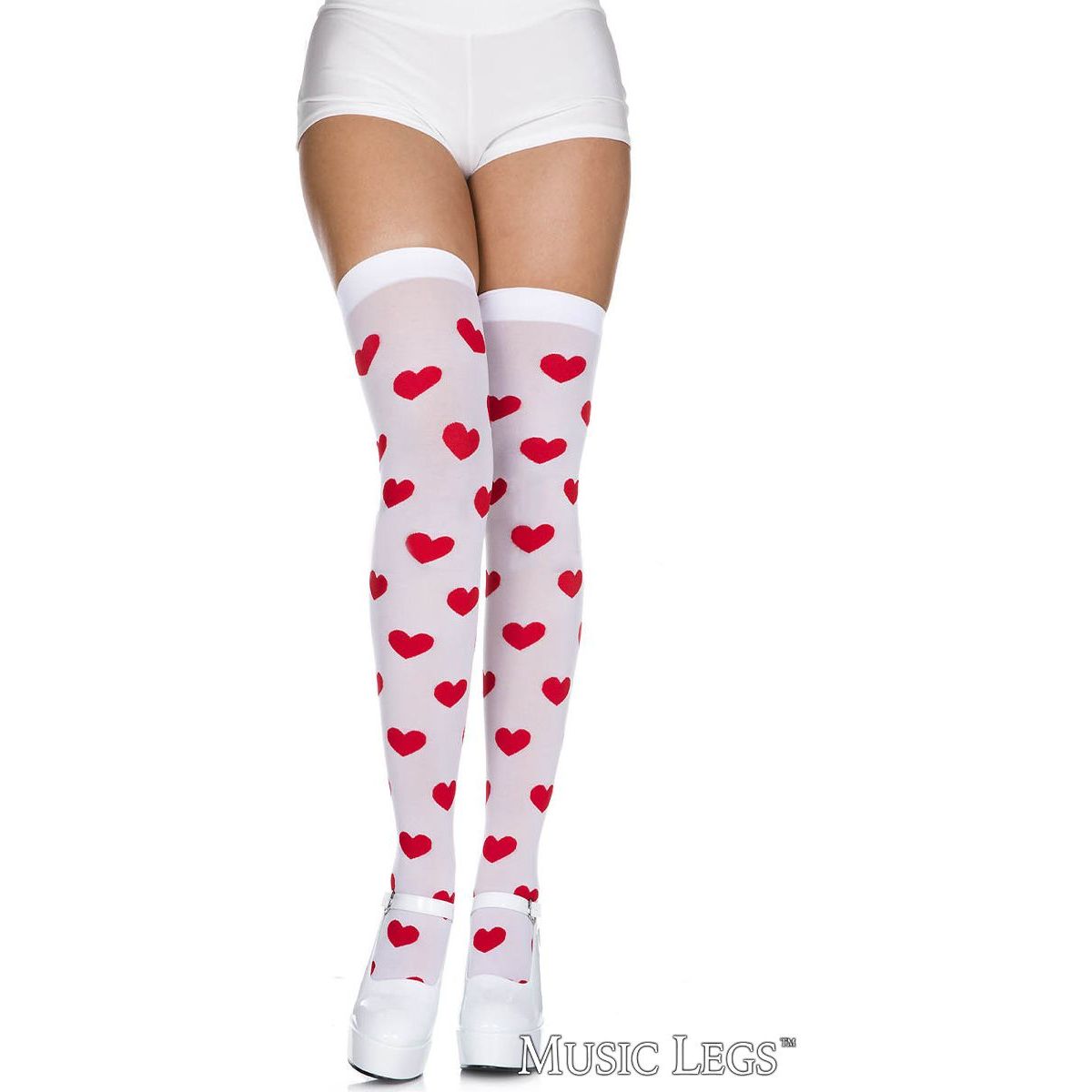 White thigh-high socks with red heart pattern worn by a person on a white background