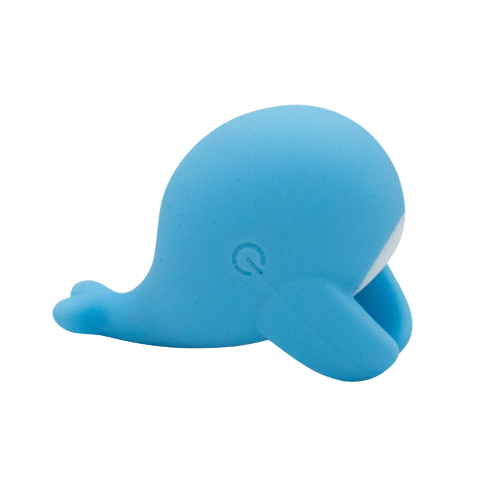 Blue whale-shaped object on a white background