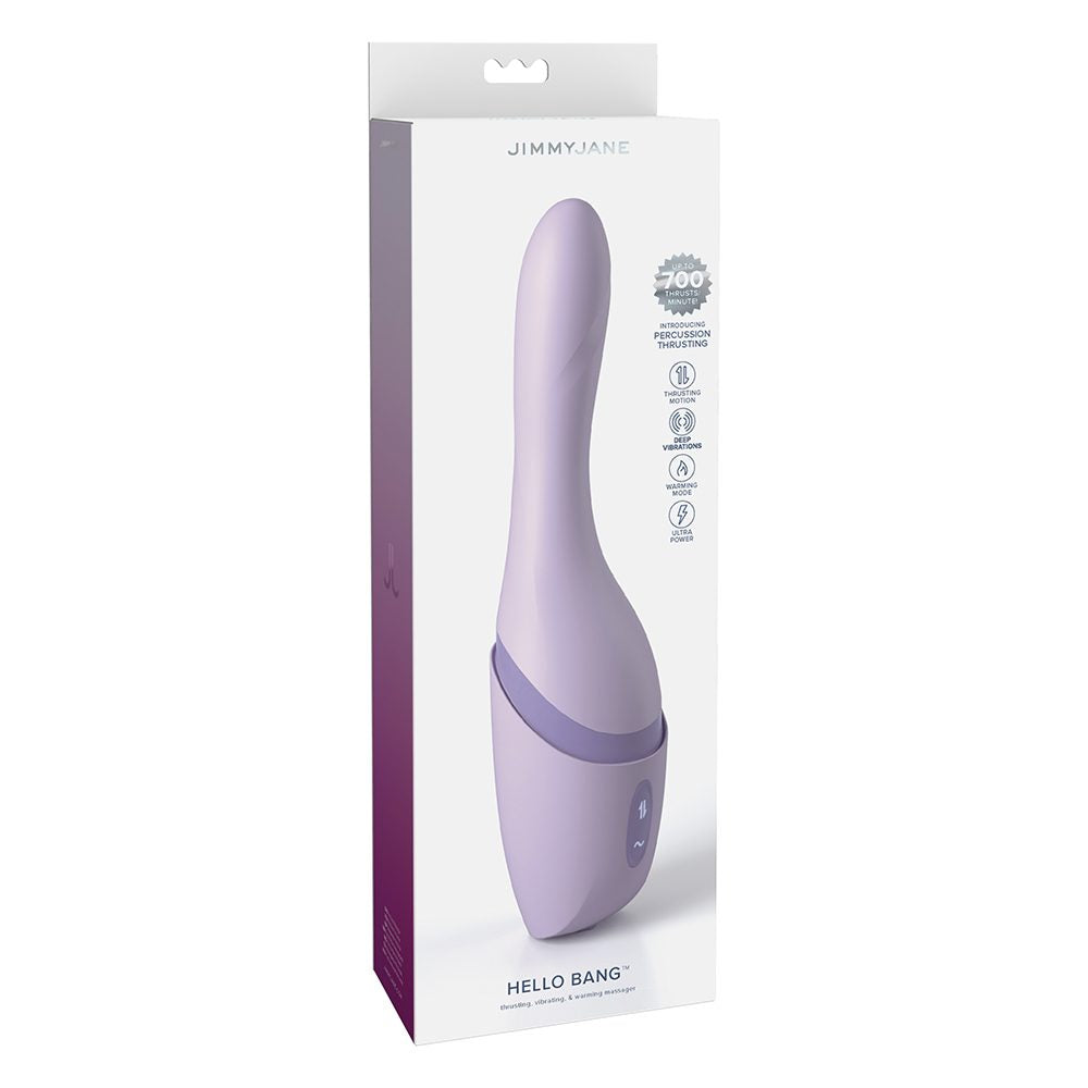 Purple hello bang thrusting vibrator with packaging on a white background