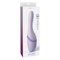 Purple hello bang thrusting vibrator with packaging on a white background