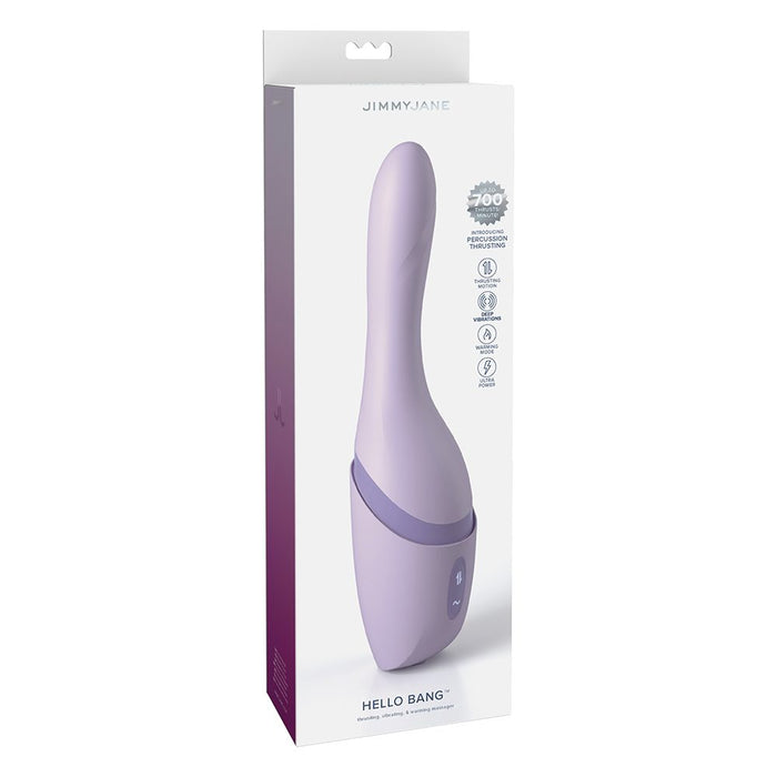 Purple hello bang thrusting vibrator with packaging on a white background