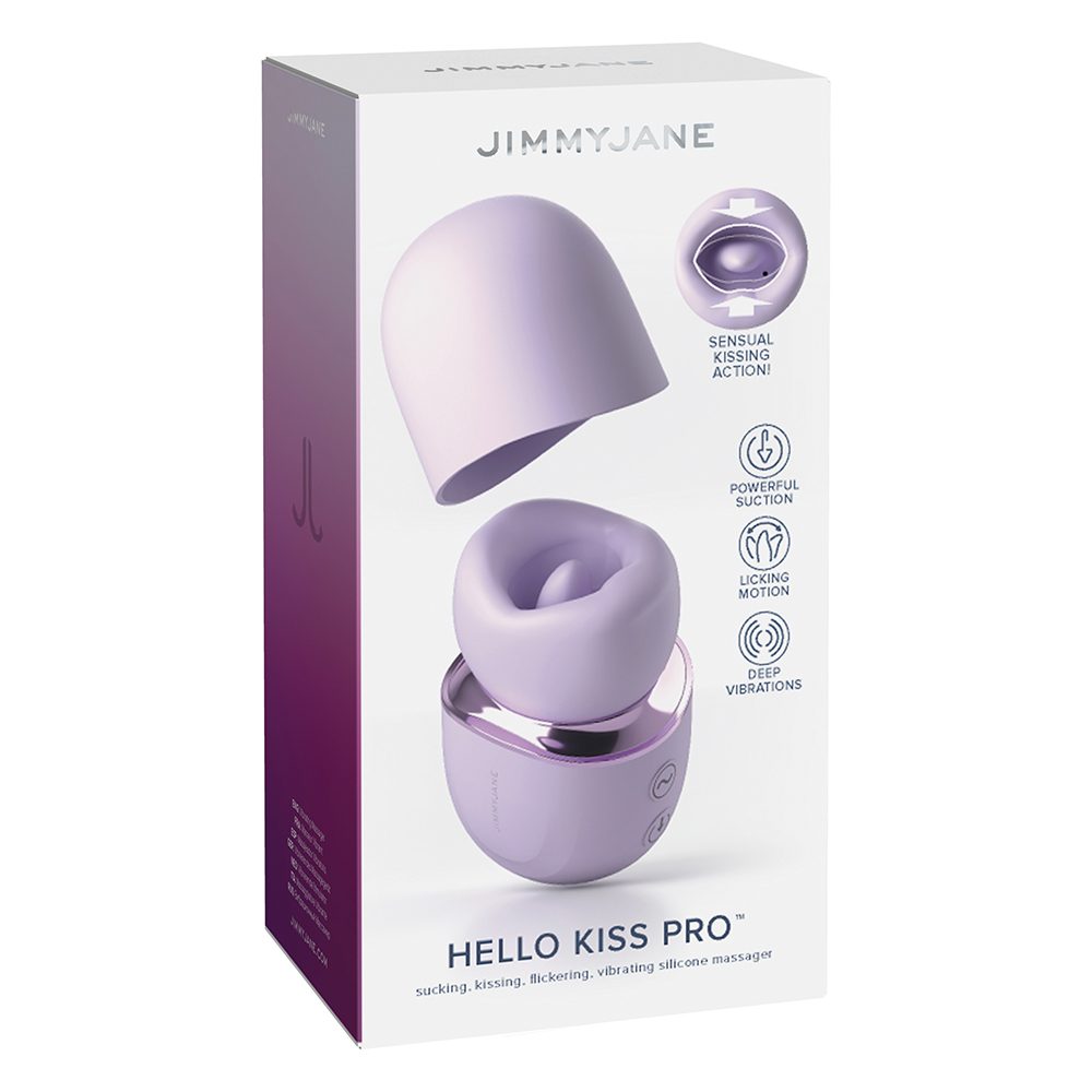 Purple 'Hello Kiss Pro' product with packaging featuring Jimmy Jane branding on a white background.