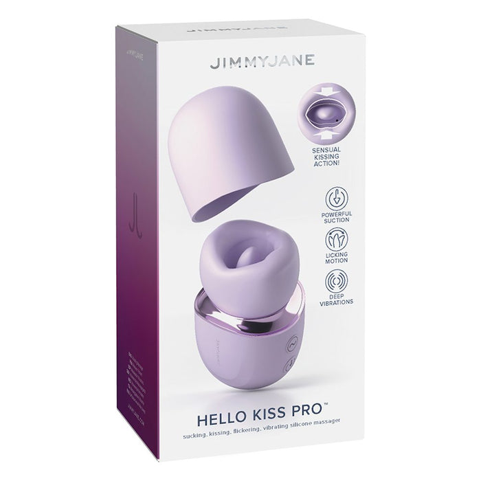 Purple 'Hello Kiss Pro' product with packaging featuring Jimmy Jane branding on a white background.