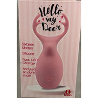 round egg style vibrator with deer shaped head and antlers on box packaging