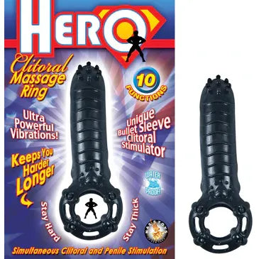 Black clitoral massage ring with packaging highlighting features like 10 functions and waterproof capability.