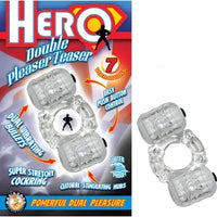 Product packaging for 'Hero Double Pleaser Teaser' with clear toy on a white background