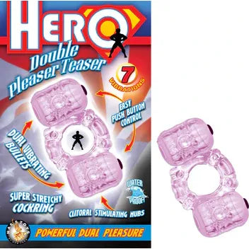 Pink double pleaser teaser product with packaging on a white background