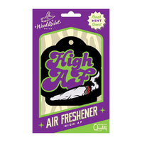 The product image shows a packaged "High AF" cardboard paper air freshener with a Fresh Mint scent. The packaging is colorful with a predominantly purple and green theme, featuring the text 'High AF' prominently displayed.