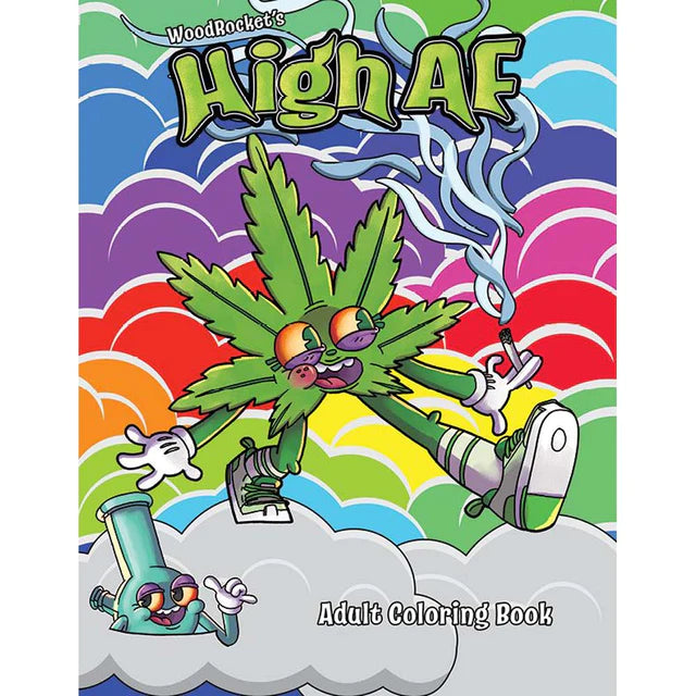 The cover of 'High AF' Adult Coloring Book by Wood Rocket featuring a colorful and playful illustration with cartoon characters and cannabis leaves.
