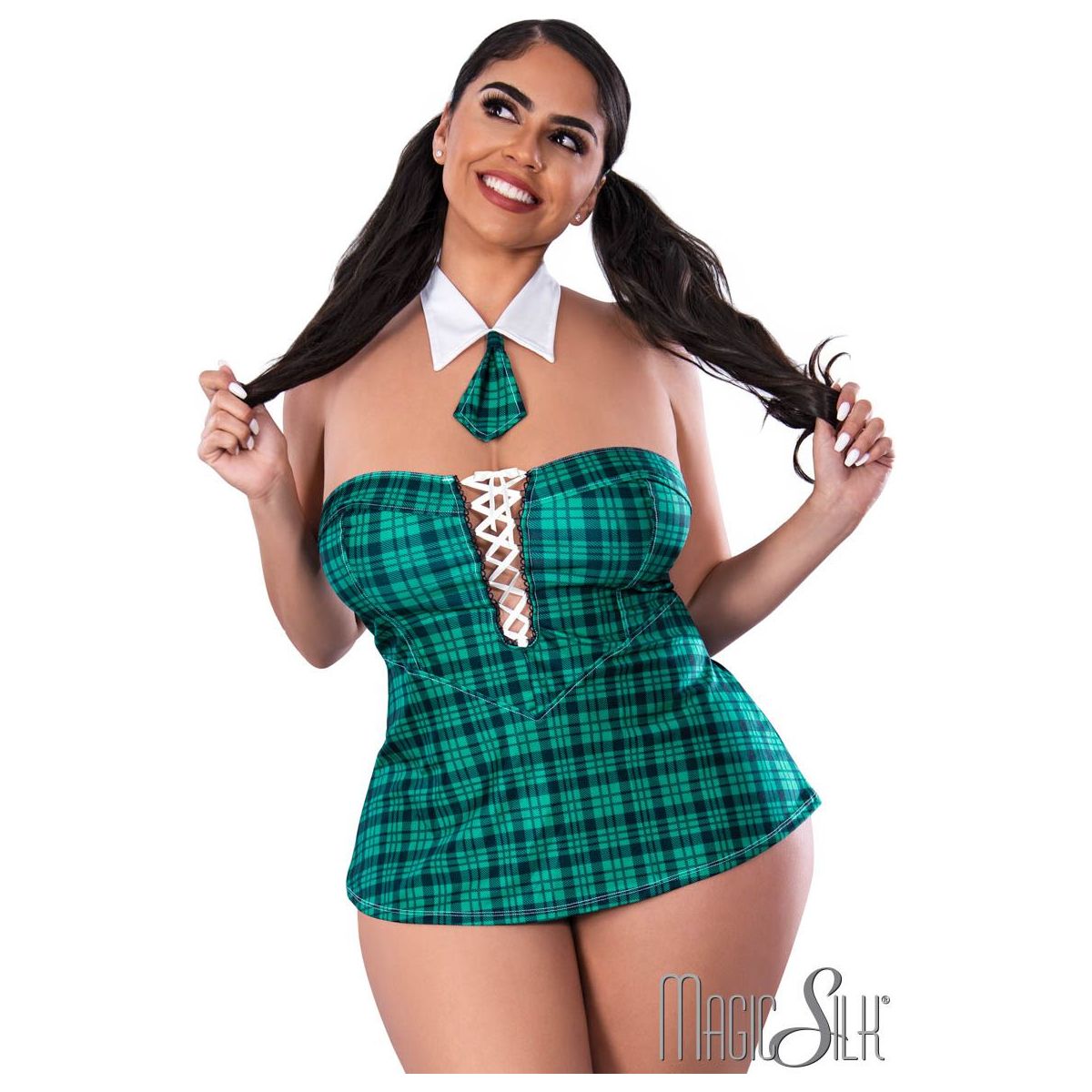 female wearing plaid green lace up front school girl chemise