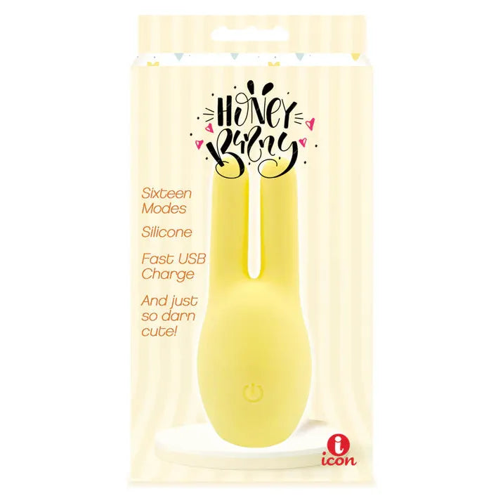 yellow rabbit shaped vibrating clitoral stimulator on box packaging