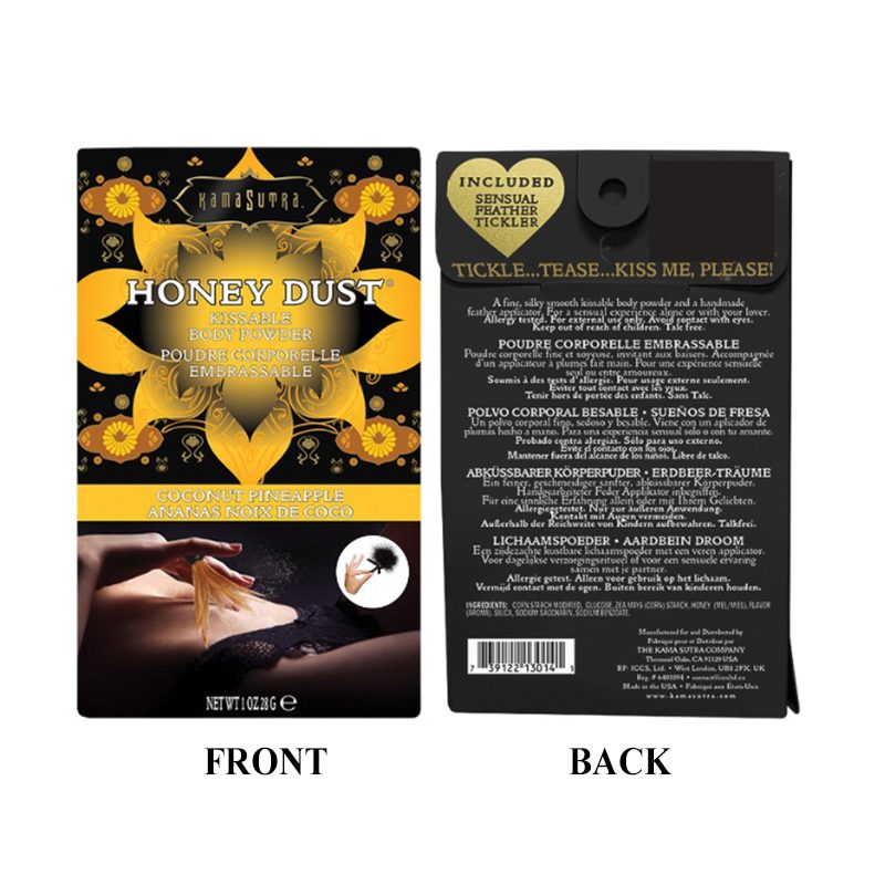 Honey Dust product packaging with front and back views on a white background. coconut pineapple