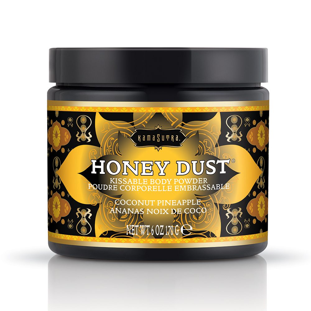 Jar of 'Honey Dust' kissable body powder with decorative label on a white background. coconut pineapple