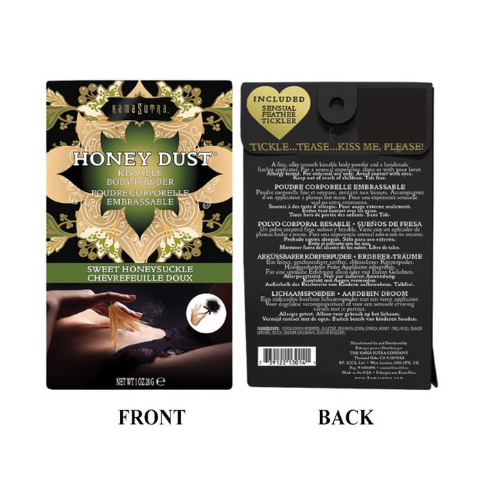 Honey Dust body powder packaging with front and back views on a white background. honeysuckle