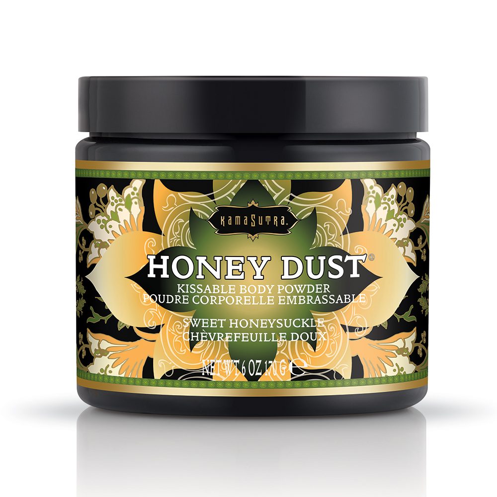 Jar of 'Honey Dust' kissable body powder with decorative label on a white background. honeysuckle