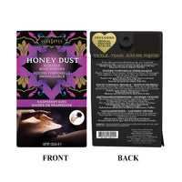 Honey Dust kissable body powder packaging with front and back views. raspberry kiss