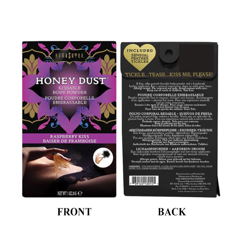 Honey Dust kissable body powder packaging with front and back views. raspberry kiss