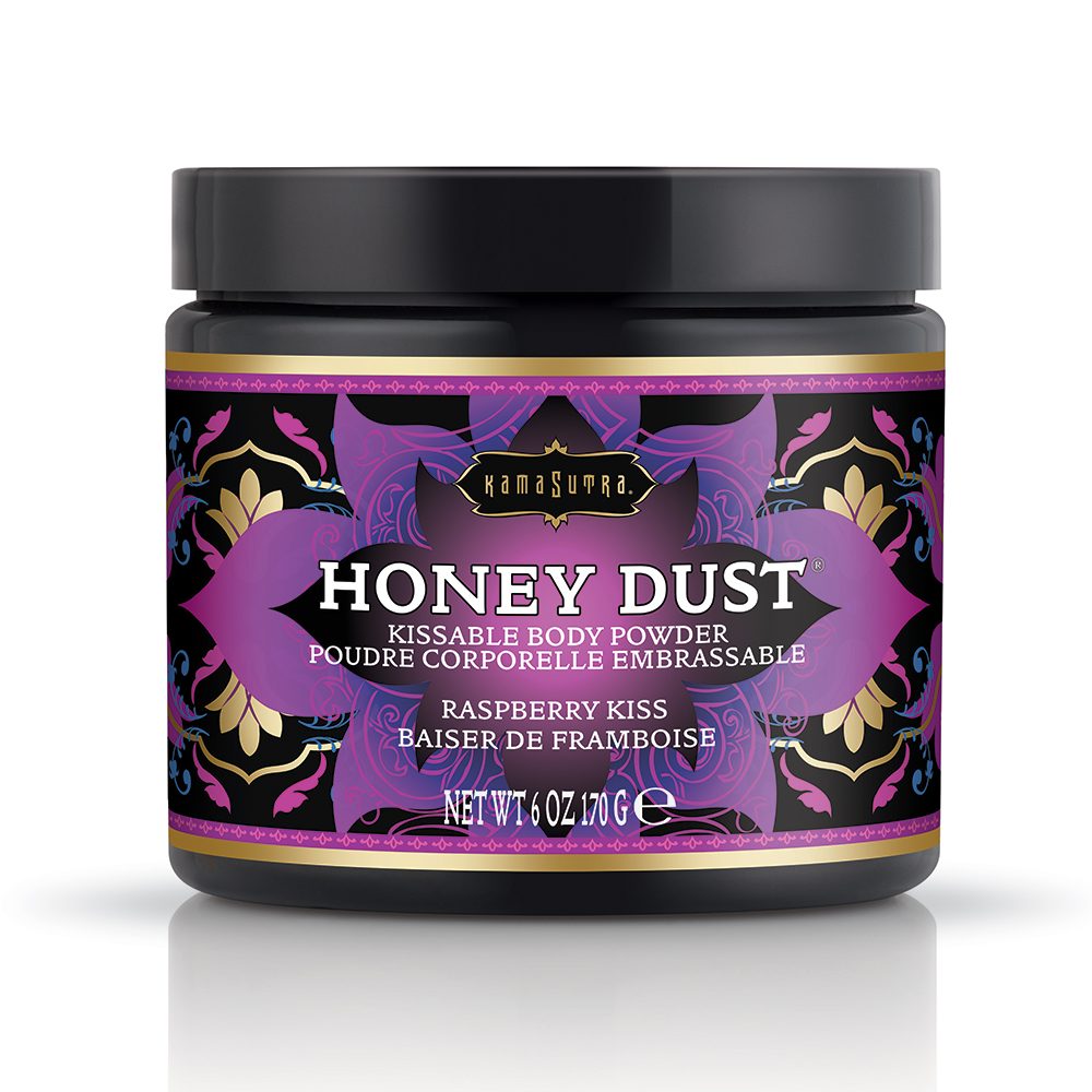 Jar of 'Honey Dust' kissable body powder with decorative label on a white background. raspberry kiss