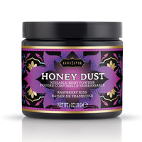 Jar of 'Honey Dust' kissable body powder with decorative label on a white background. raspberry kiss