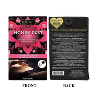 Honey Dust body powder packaging with front and back views on a white background. strawberry dreams