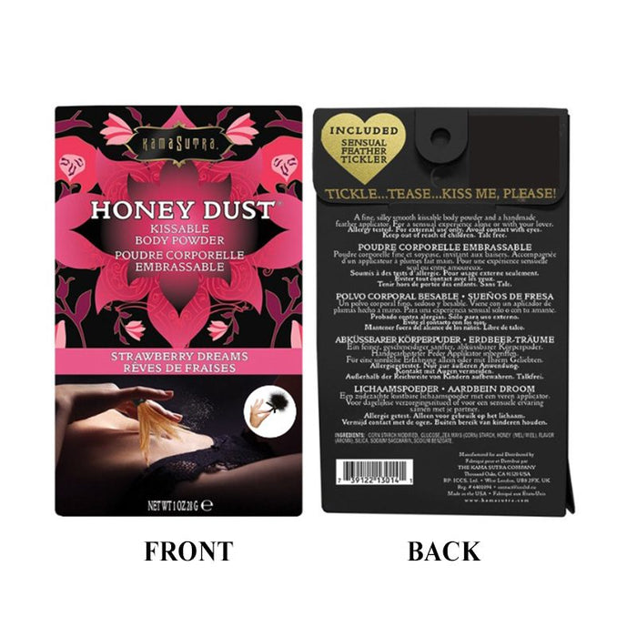 Honey Dust body powder packaging with front and back views on a white background. strawberry dreams
