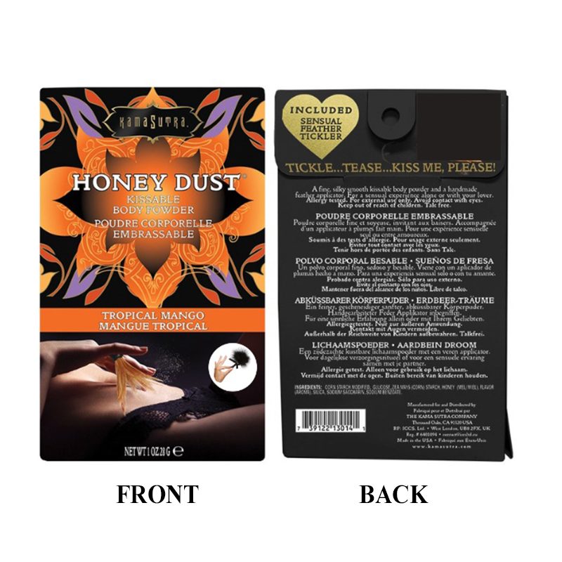 Honey Dust body powder packaging with front and back views on a white background. tropical mango
