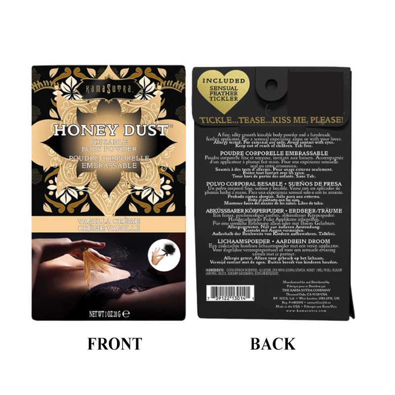 Honey Dust product packaging with front and back views on a white background. vanilla creme
