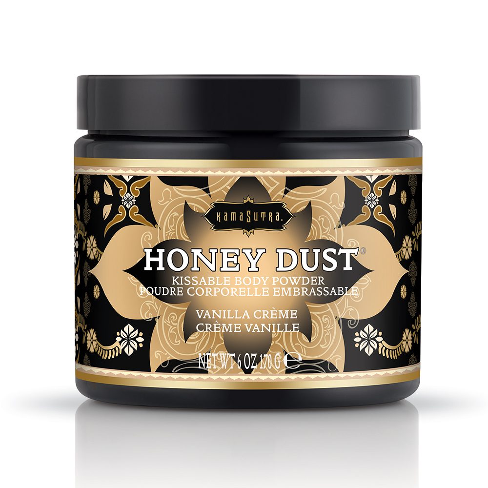 Jar of 'Honey Dust' kissable body powder with decorative label on a white background. vanilla creme