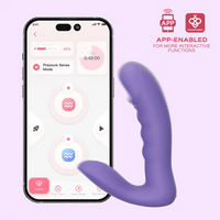 Smart device with app interface and a purple vibrator on a light purple background