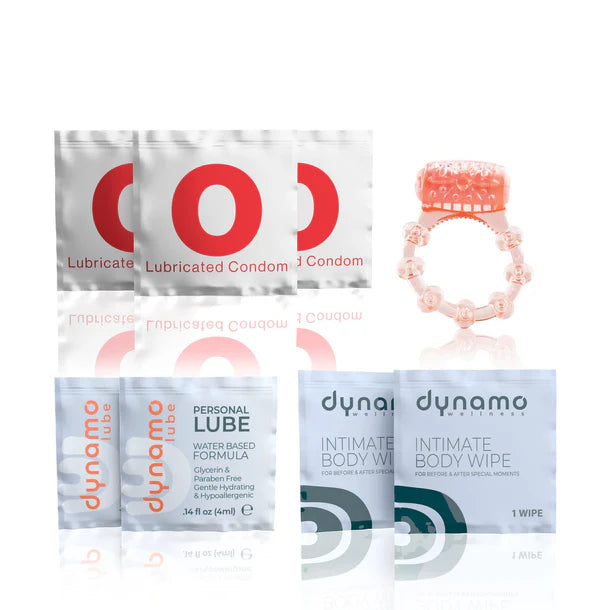 Collection of dynamo lubrication products including condoms, lube, and wipes on a white background.