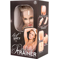 Box of a 'Hot Lucy Personal Trainer' life-size inflatable doll with product details on a white background.