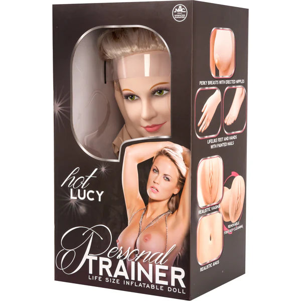 Box of a 'Hot Lucy Personal Trainer' life-size inflatable doll with product details on a white background.