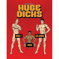 The cover of the coloring book features a bold red background with illustrations of three male figures in a vintage bodybuilder pose. The figures are presented with exaggerated, cartoon-like penises.