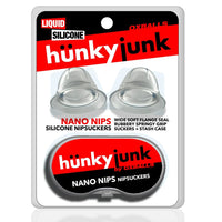 Hunky Junk Nano Nips clear silicone nipple suckers with stash case by Oxballs in retail packaging.