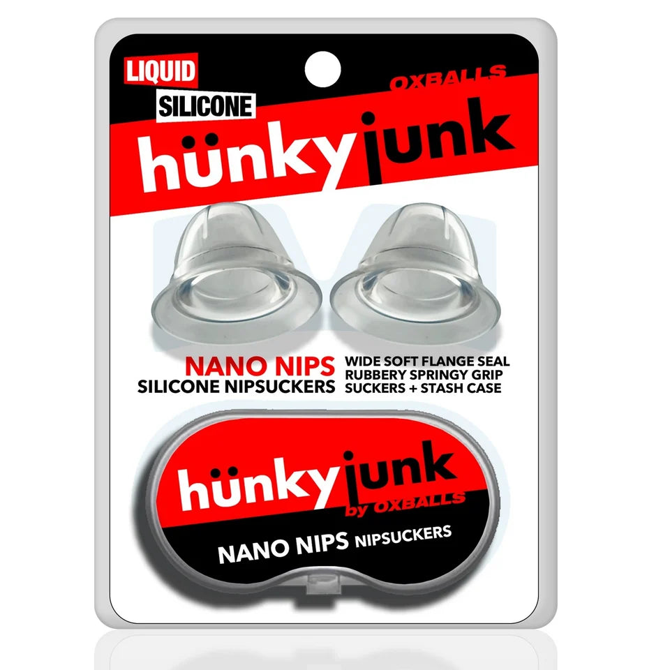Hunky Junk Nano Nips clear silicone nipple suckers with stash case by Oxballs in retail packaging.