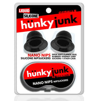 Hunky Junk Nano Nips black silicone nipple suckers with stash case by Oxballs in retail packaging.