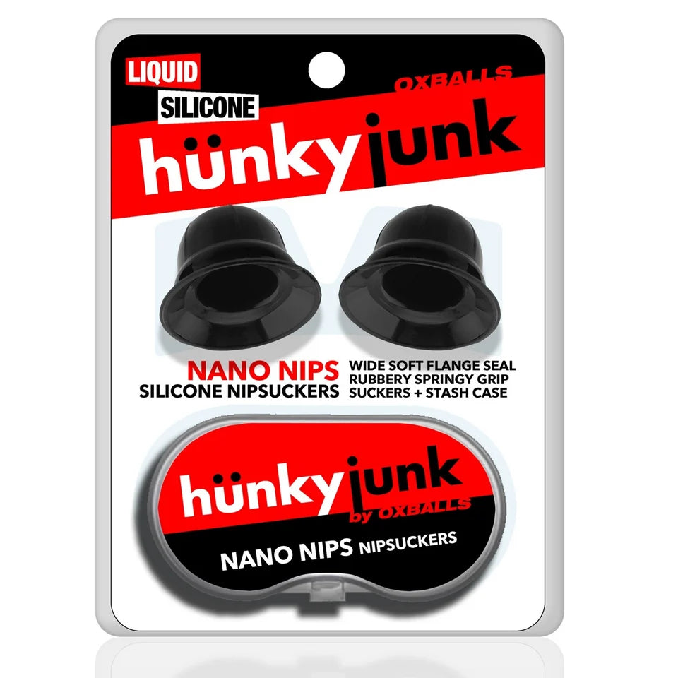 Hunky Junk Nano Nips black silicone nipple suckers with stash case by Oxballs in retail packaging.